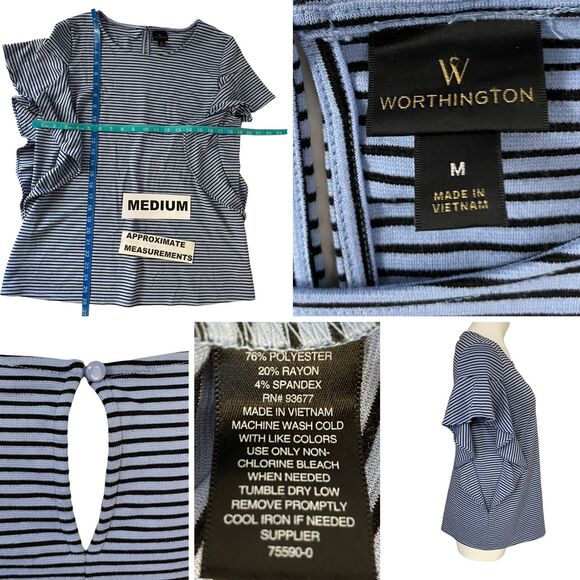 Worthington Top Womens Medium Flutter Ruffle Periwinkle Blue Stripe Work Career - Picture 8 of 14